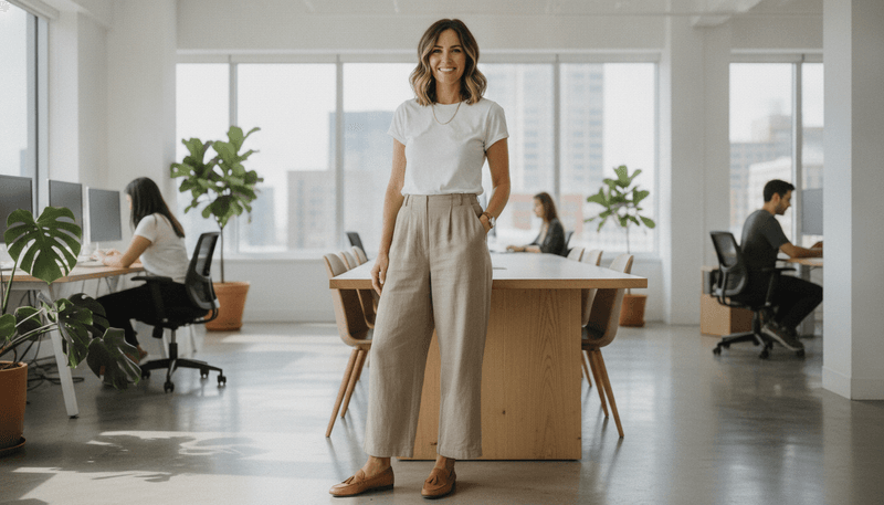 Wide-Leg Trousers + Fitted T-Shirt + Loafers