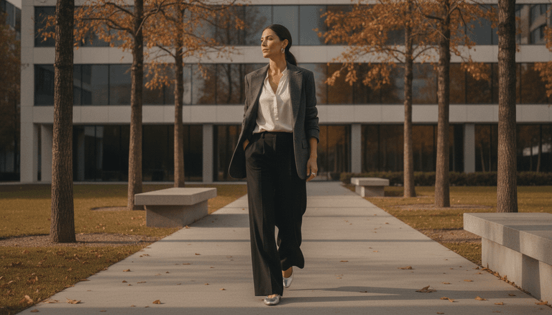Black Fluid Trousers + Metallic Silver Ballet Flats
