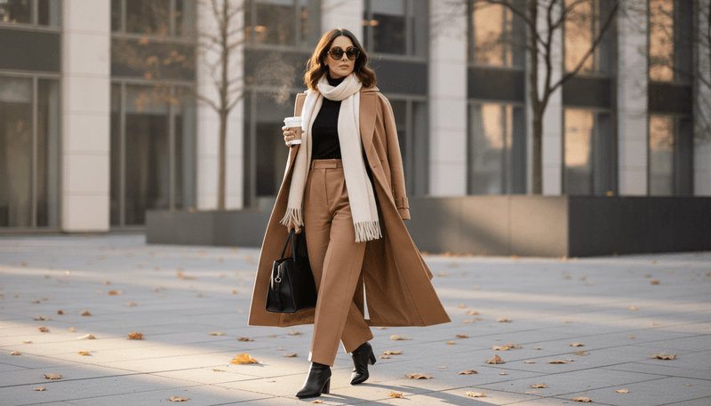 Black Turtleneck + Camel Trousers + Ankle Boots + Long Wool Coat
