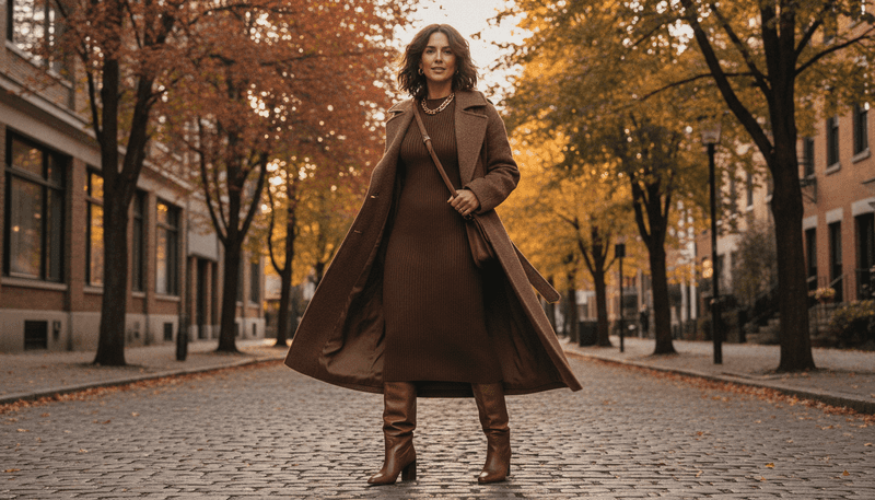 Brown Midi Dress with Tall Boots