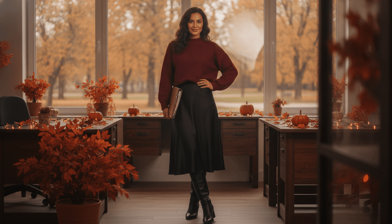 Burgundy Knit + Black Midi Skirt + Knee-High Boots