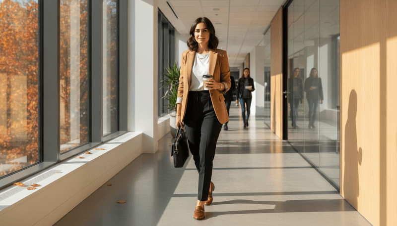 Camel Blazer + White Tee + Black Tailored Trousers + Loafers