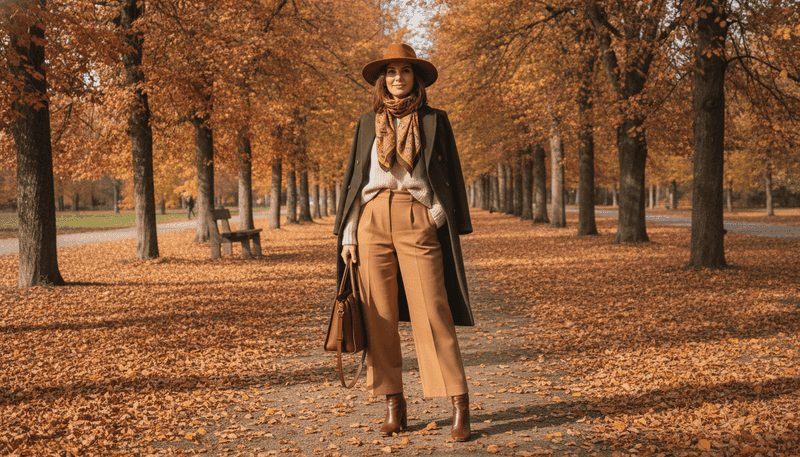 Camel Trousers + Burgundy Square-Toe Ankle Boots