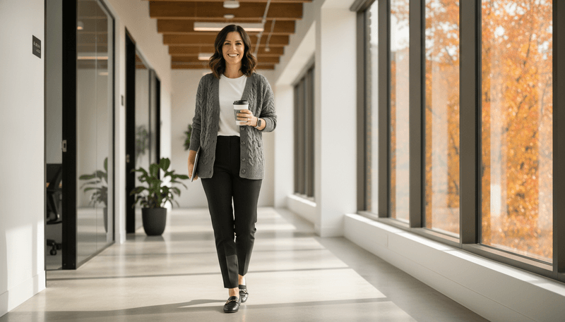 Cardigan + Basic Tee + Black Trousers + Loafers