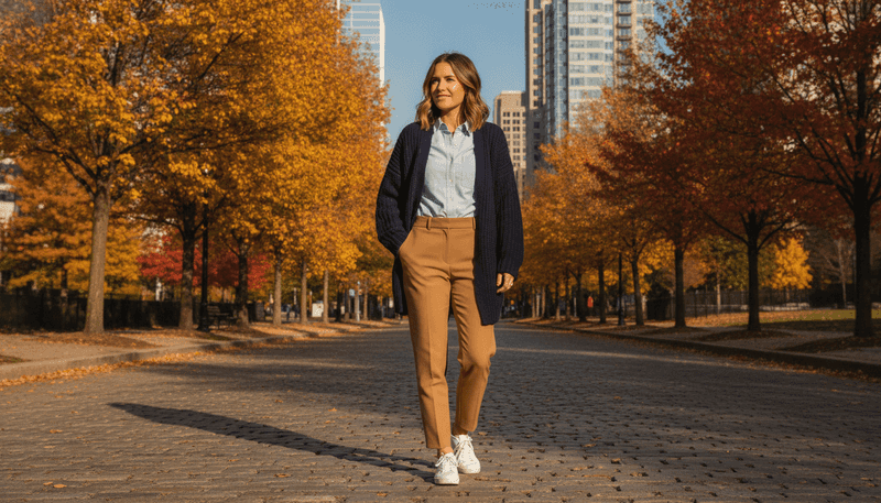 Cardigan + Button-Down Shirt + Tailored Trousers + Sneakers