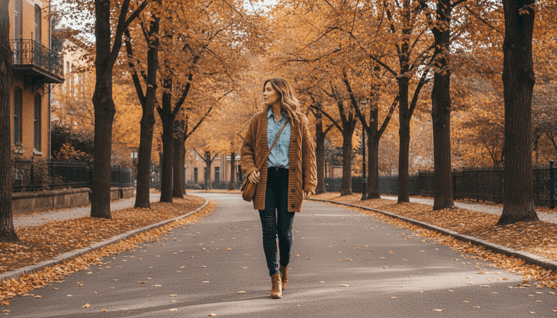 Cardigan + Denim Shirt + Dark-Wash Jeans + Boots