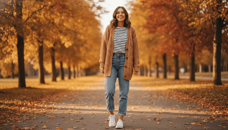 Cardigan + Striped Tee + Jeans + Sneakers