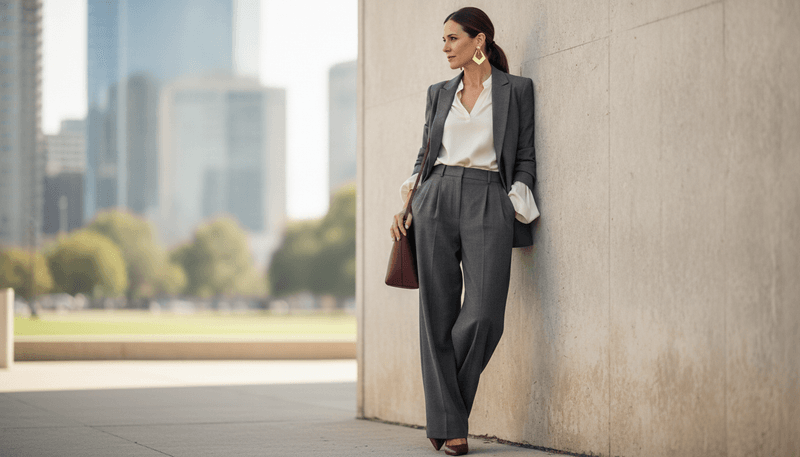 Charcoal Wide-Leg Trousers + Oxblood Pointed Pumps