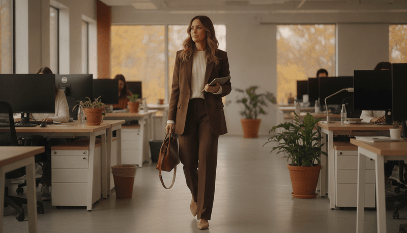 Chocolate-Brown Blazer + Ivory Knit + Matching Trousers + Pointed Flats