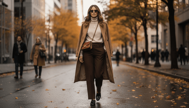 Chocolate-Brown Tailored Trousers + Black Patent Loafers