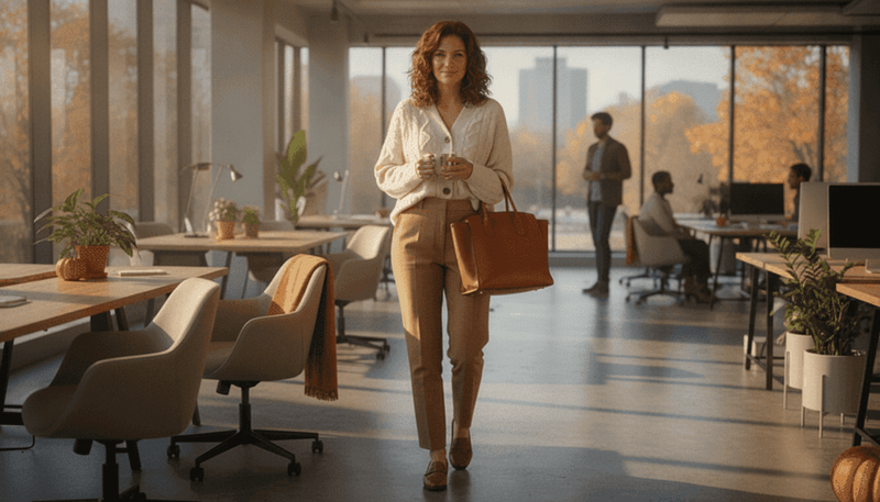 Cream Cardigan as a Top + High-Waisted Trousers + Loafers
