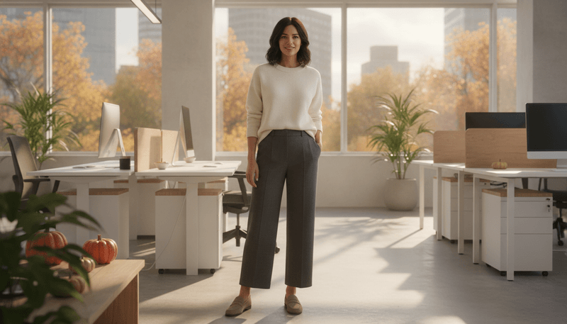 Cream Fine-Knit Sweater + Charcoal Wide-Leg Trousers + Suede Loafers