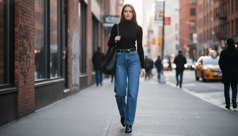 Fitted Turtleneck + Wide-Leg Jeans