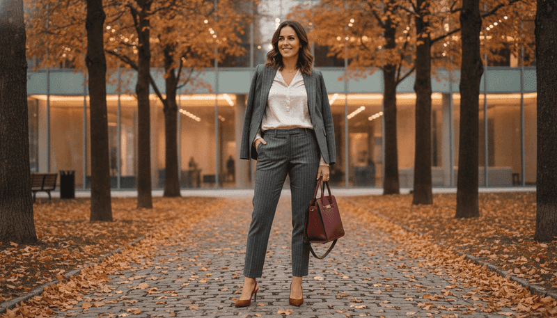 Grey Pinstripe Trousers + Cherry-Red Slingbacks