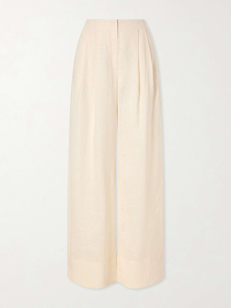Ivory Pleated Linen Wide-Leg Pants