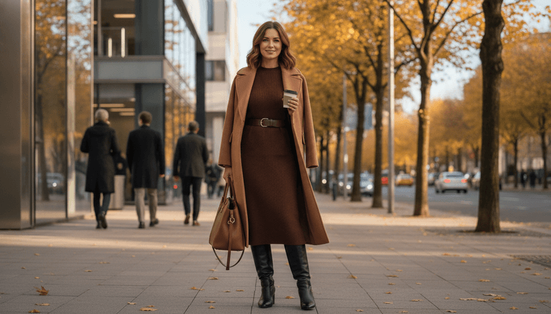 Knit Midi Dress + Knee-High Boots + Belted Wool Coat