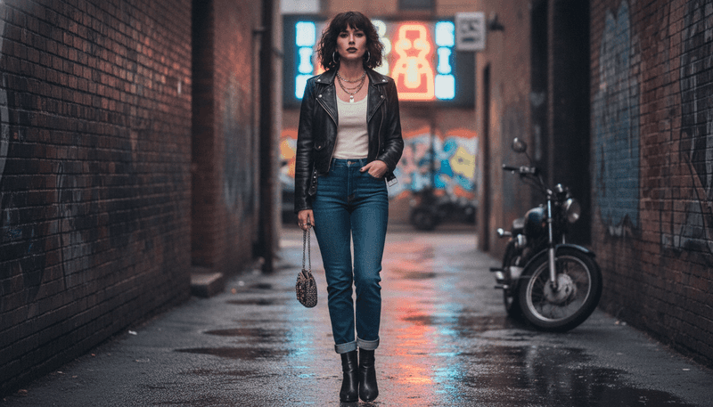 Leather Jacket with a Tucked Tank Top