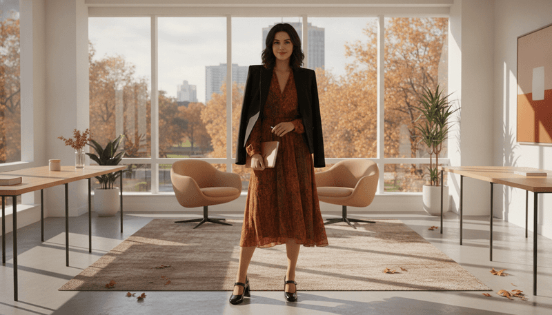 Long-Sleeve Midi Dress + Structured Blazer + Mary Janes