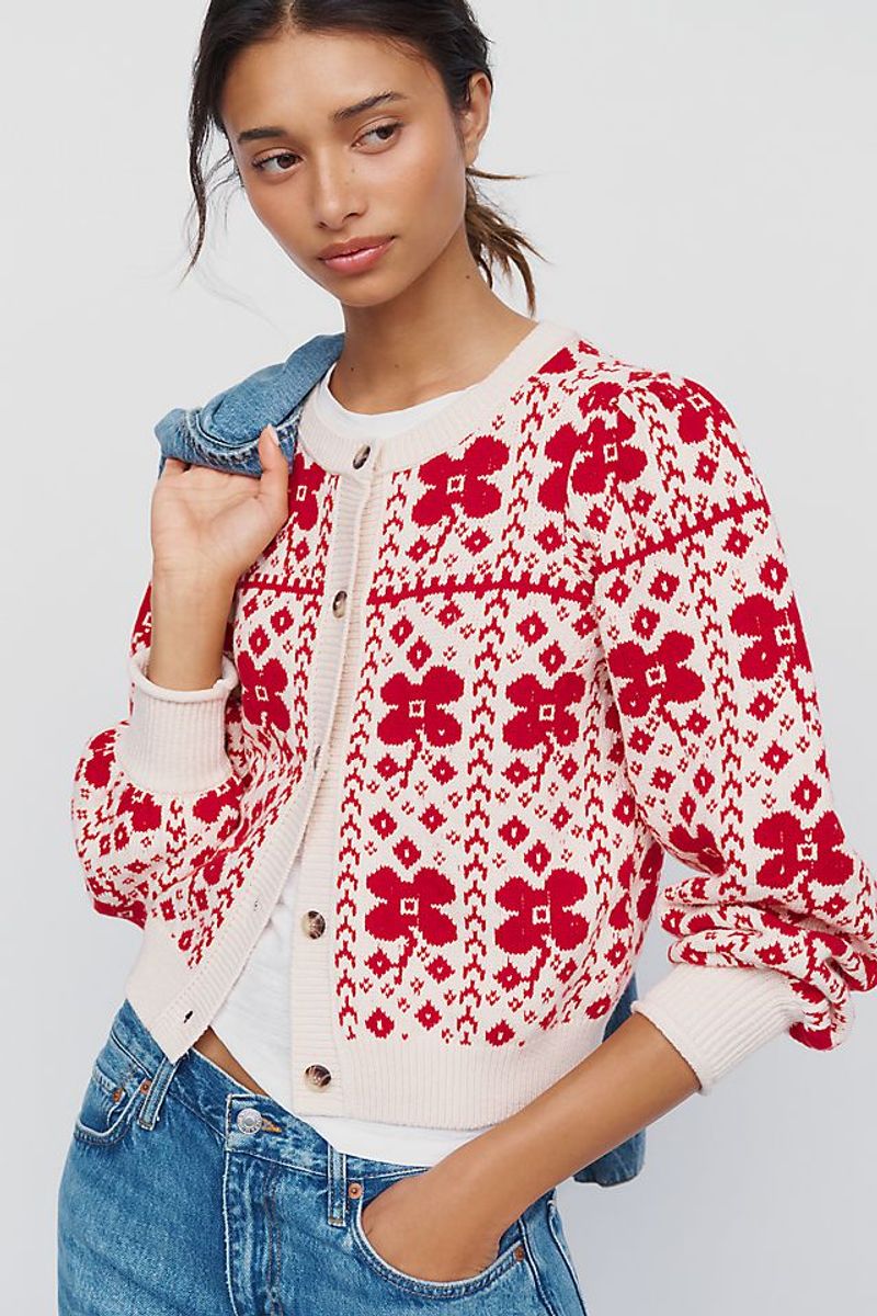 Maeve Cotton Wool Cropped Puff-Sleeve Cardigan from Anthropologie