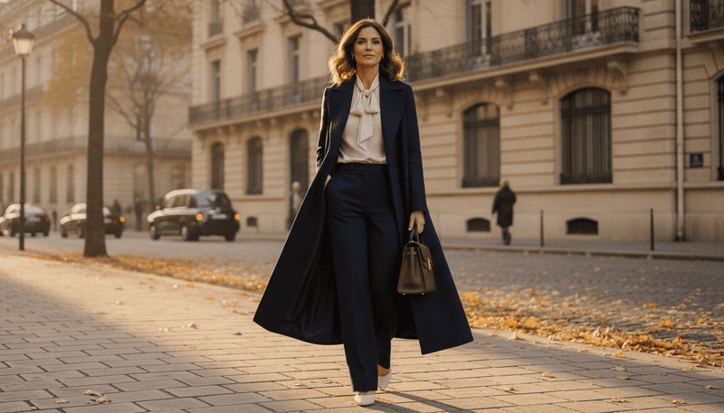 Navy Wide-Leg Trousers + Ivory Pointed Flats