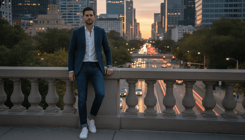 Sneakers + Dark Jeans + Blazer