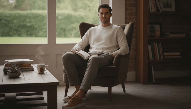 Sneakers + Knitwear + Trousers