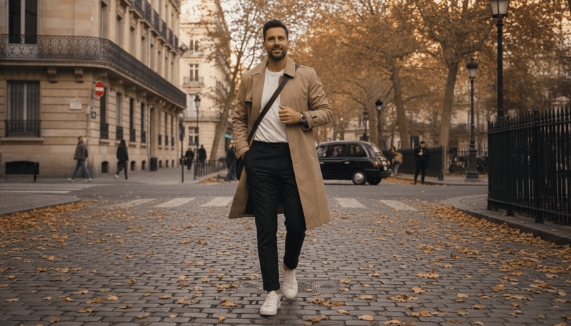 Sneakers + Trench Coat + Basics