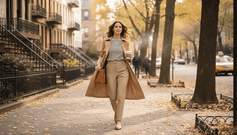 Striped Shirt + Straight-Leg Trousers + Trench Coat + Ballet Flats