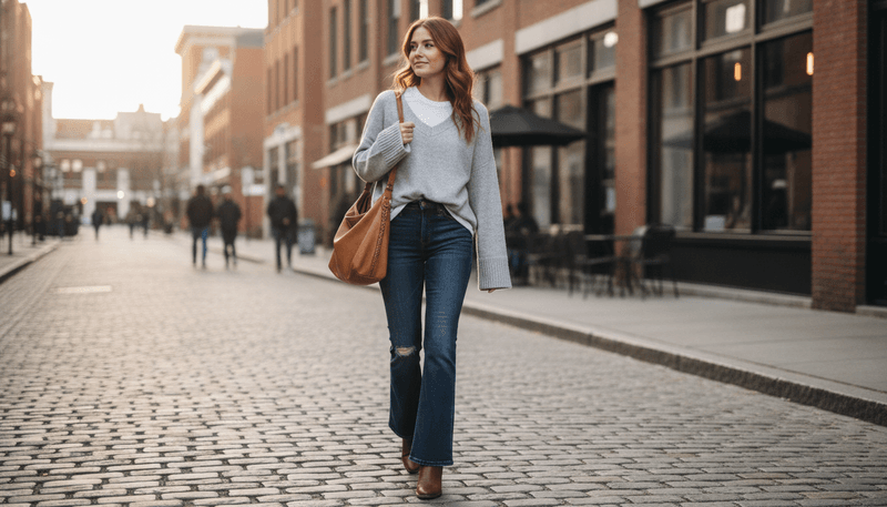 V-Neck Sweater + Flared Jeans