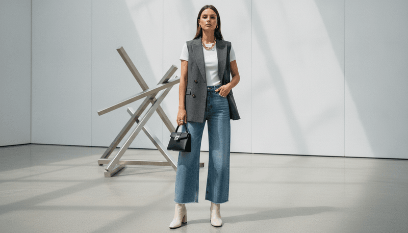 Waistcoat Over a Fitted Tee with Wide-Leg Jeans