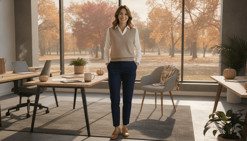 White Button-Down + Navy Trousers + Taupe Sweater Vest + Loafers