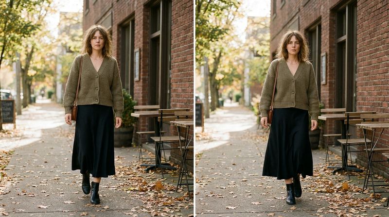 A Cardigan Paired with a Midi Skirt
