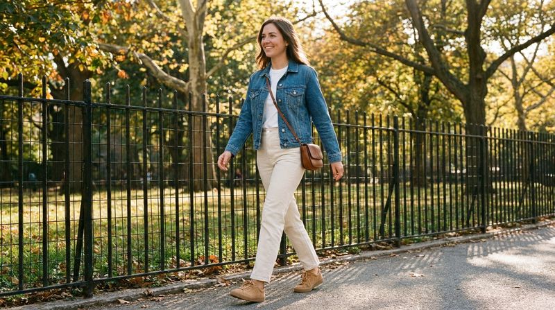 A Denim Jacket with Cream Pants
