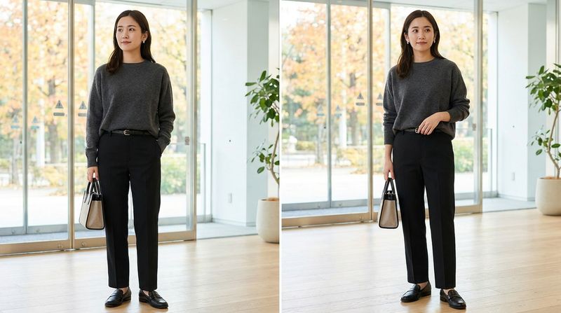 Black Trousers with a Fine Knit Top