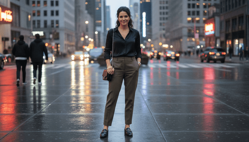 Bold Shadows: Black Shirt and Black Loafers