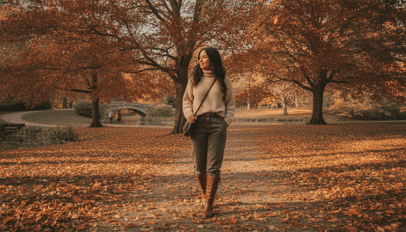 Cozy Autumn Walk: Beige Sweater and Brown Boots