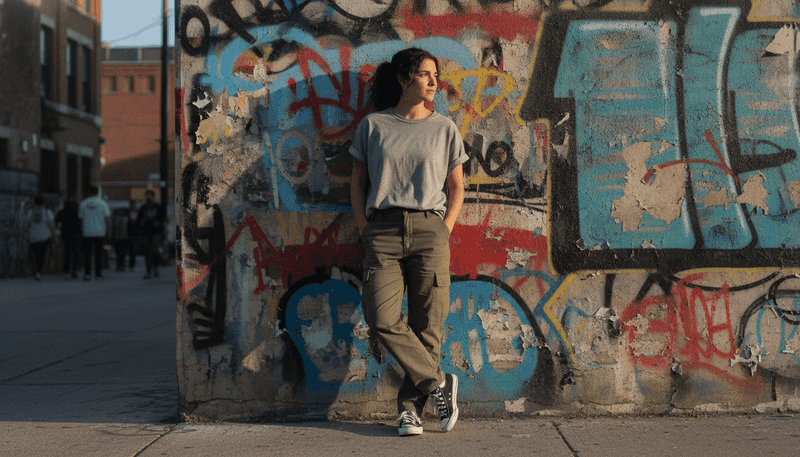 Laid-Back Gray: Grey Tee with Black Sneakers